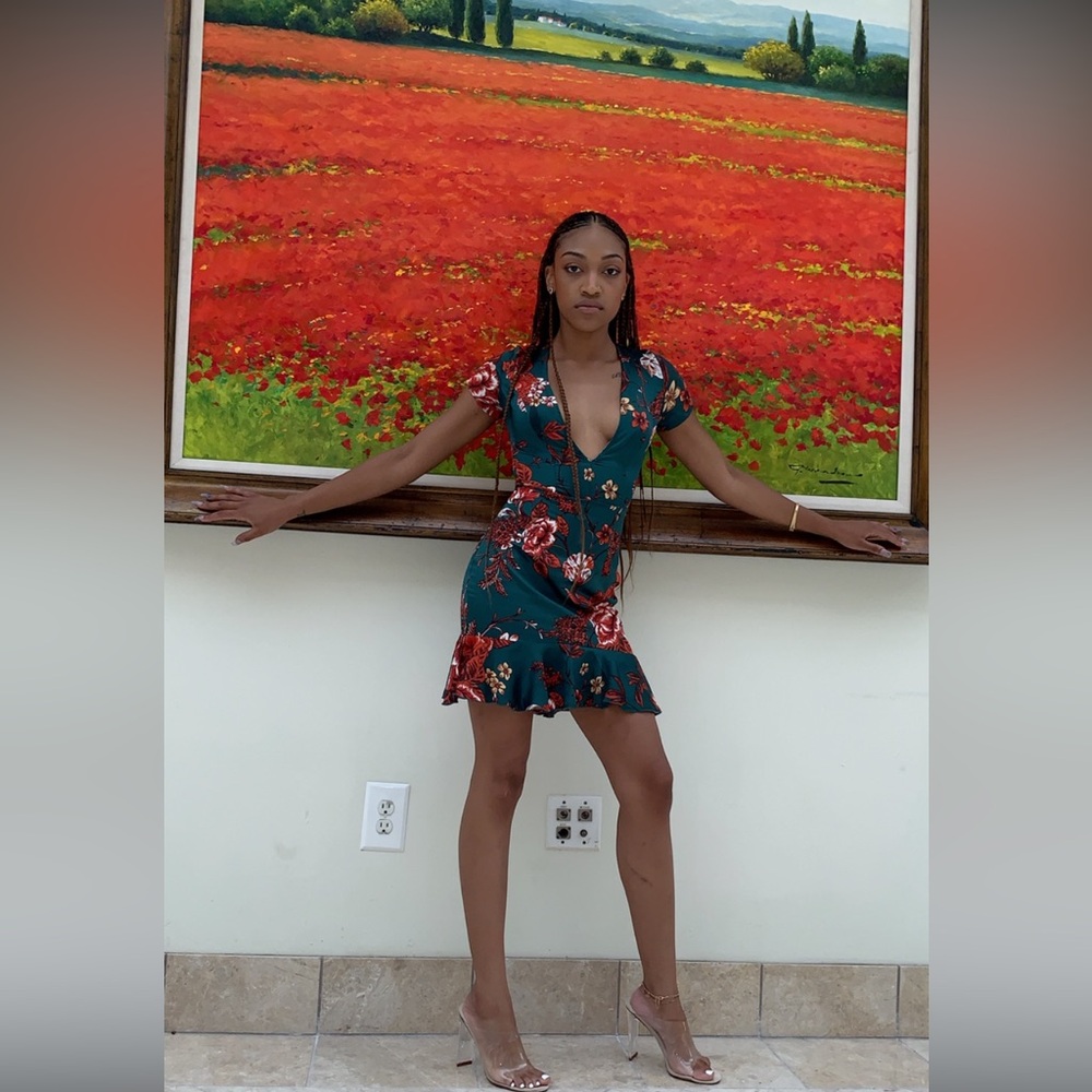 Green lace up dress with red flowers